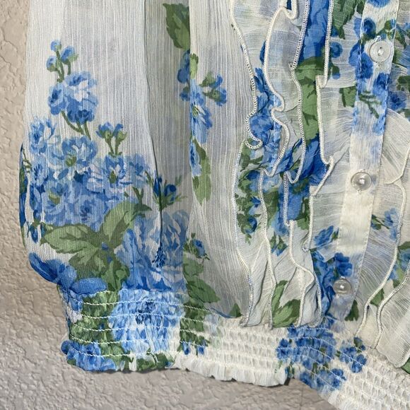 Abercrombie & Fitch Sheer Fairy Blue Flower Floral Ruffles whimsical S 90s top - Picture 5 of 8